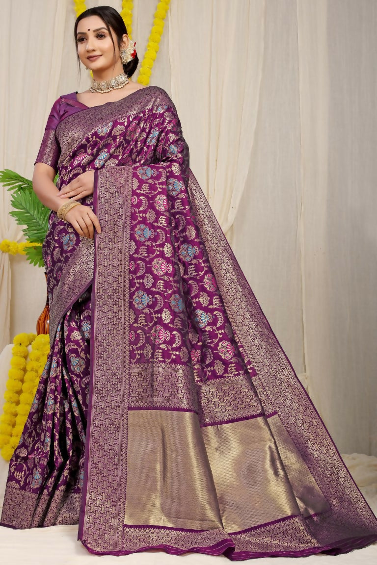 Wine Kanjivaram silk saree with Zari work and matching blouse