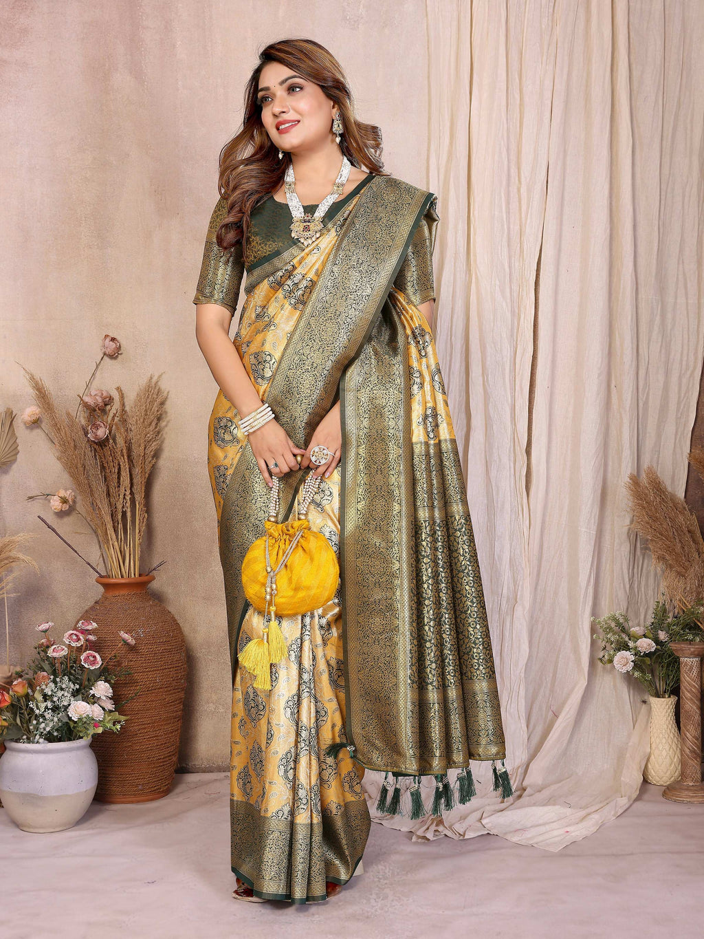 Mustard Banarasi Tissue Silk Saree with Traditional Weaving