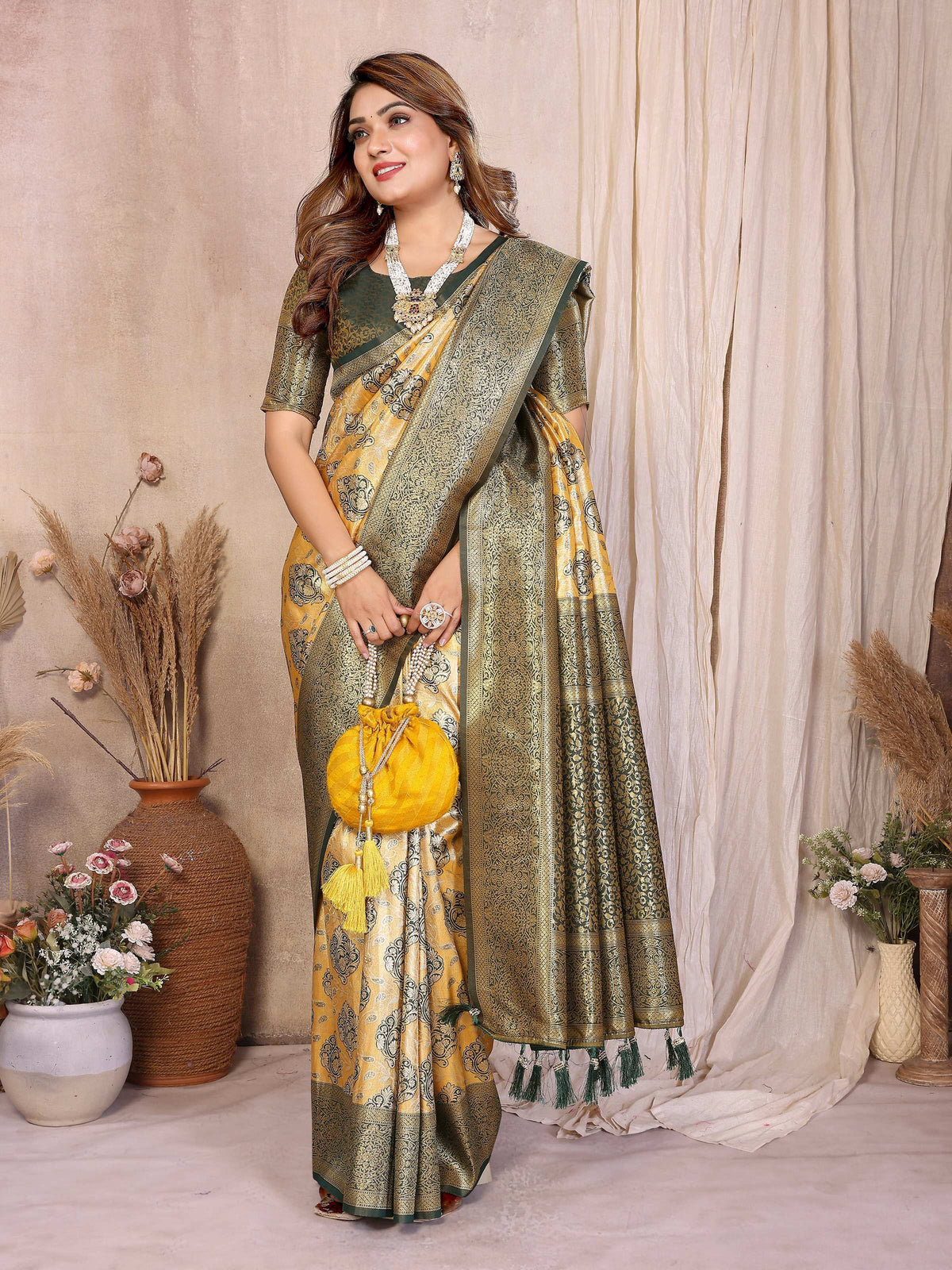 Mustard Banarasi Tissue Silk Saree with Traditional Weaving