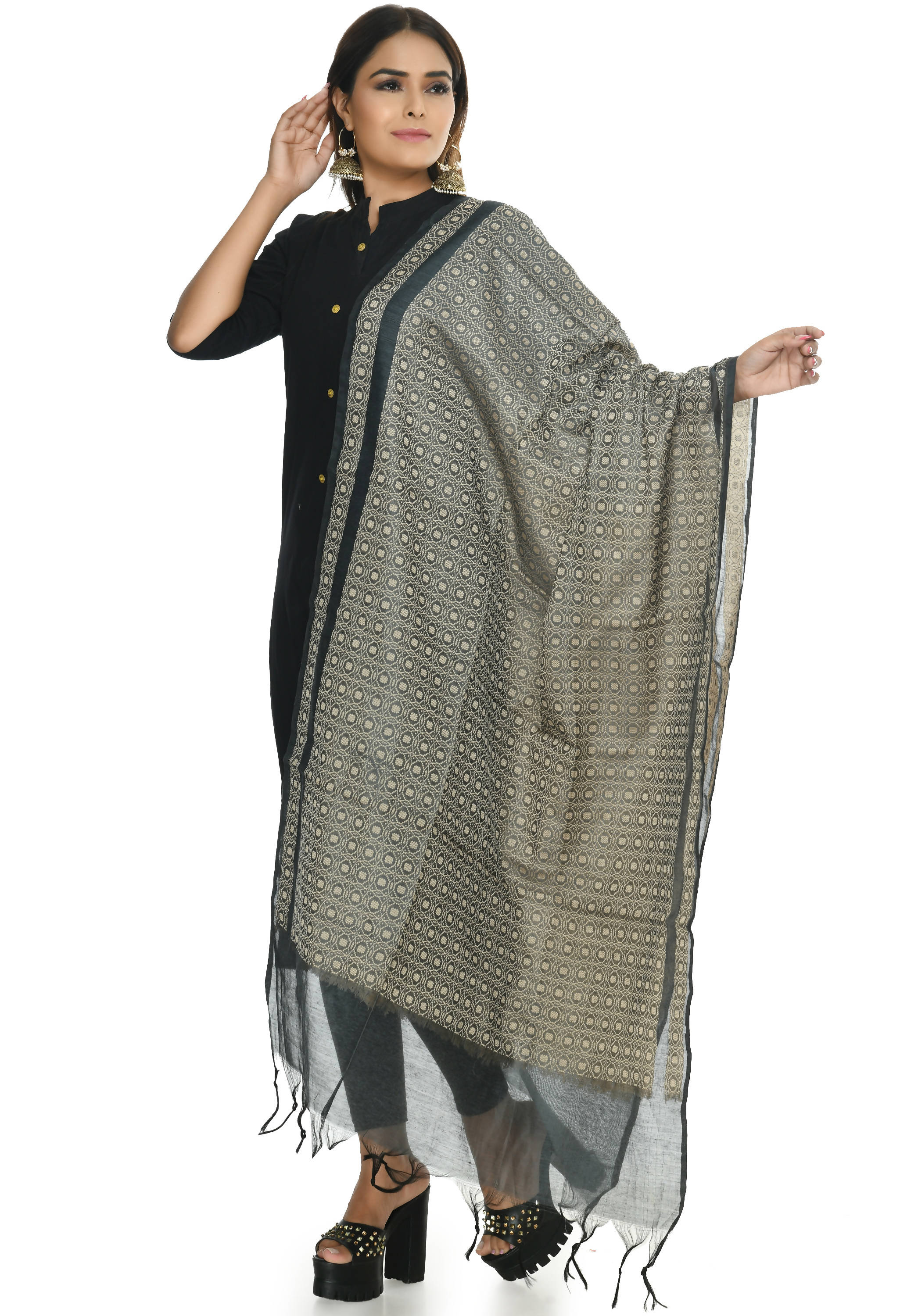 Grey Handloom Cotton Dupatta - Lightweight Breathable Ethnic Wrap