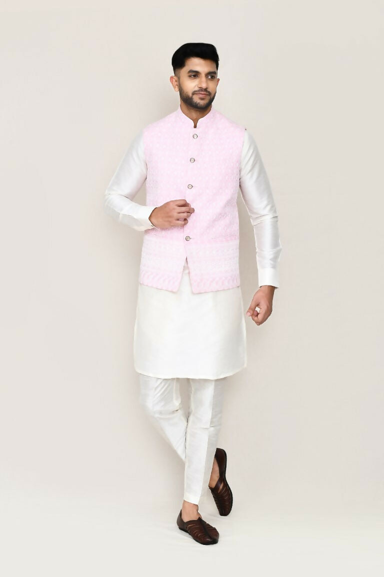 White Art Silk Kurta Set with Matching Jacket and Straight Pants