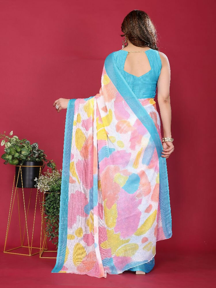 Sky Moss Chiffon Printed Saree with Matching Blouse