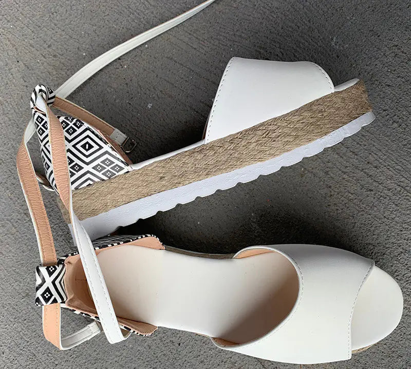 Women's White Wedge Espadrille Sandals with Geometric Strap - Image 2