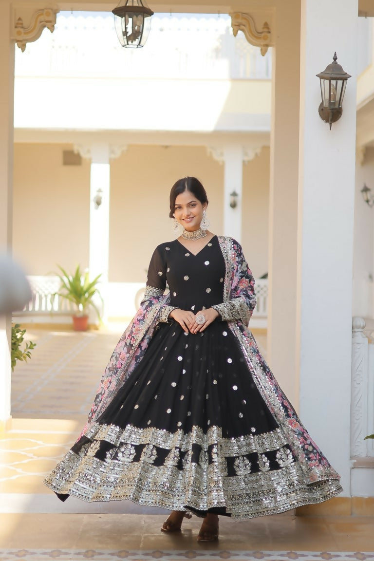 Black Faux Georgette Anarkali dress with sequin and zari embroidery