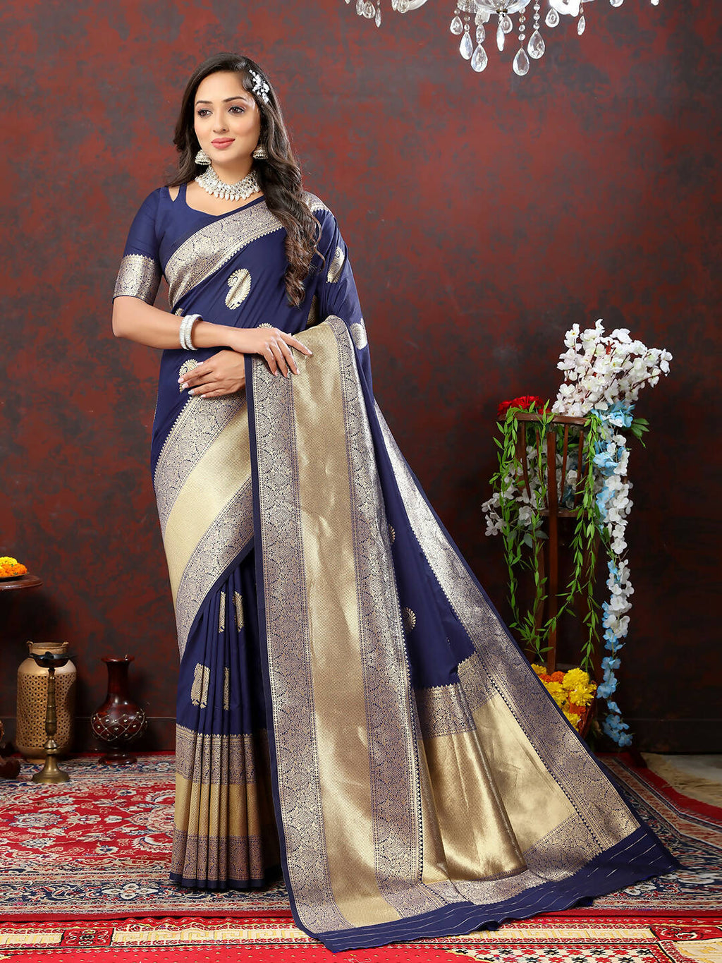 Navy Blue Soft Silk Saree with Gold Zari Weaving