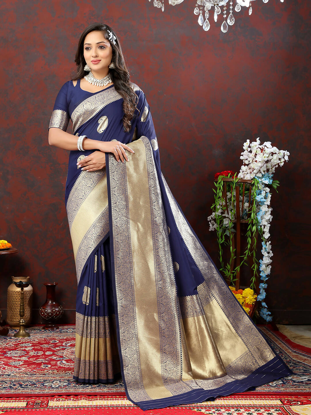 Navy Blue Soft Silk Saree with Gold Zari Weaving
