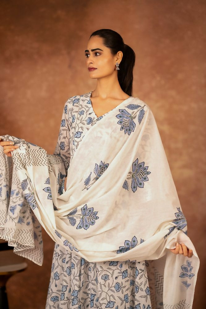 Blue Hand Block Printed Cotton Suit Set for Women