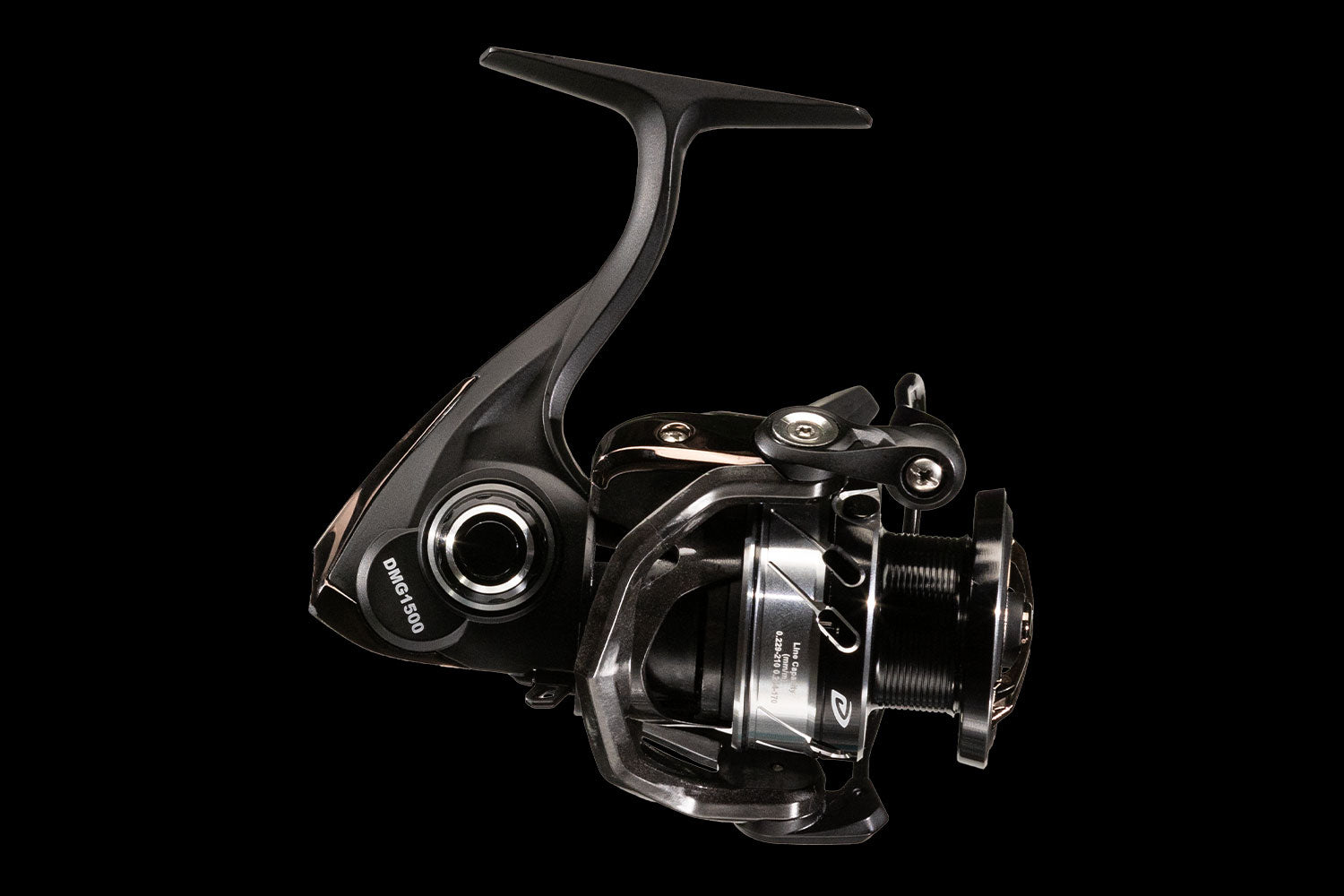 D-MAG spinning fishing reel in black finish shown from side and front view