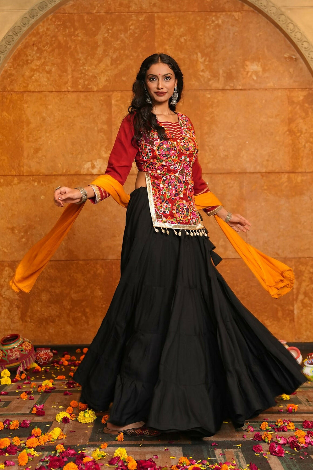 Black Crepe Designer Navratri Lehenga Choli with Red & Yellow