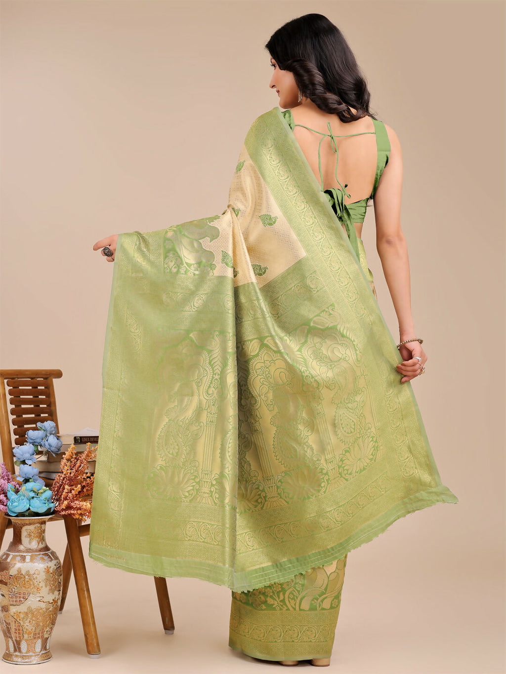 Shree Shyam Fashion Banarasi Silk Cream & Light Green Saree