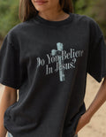Close-up of the premium 320 GSM heavyweight cotton texture of the Do You Believe in Jesus graphic tee.