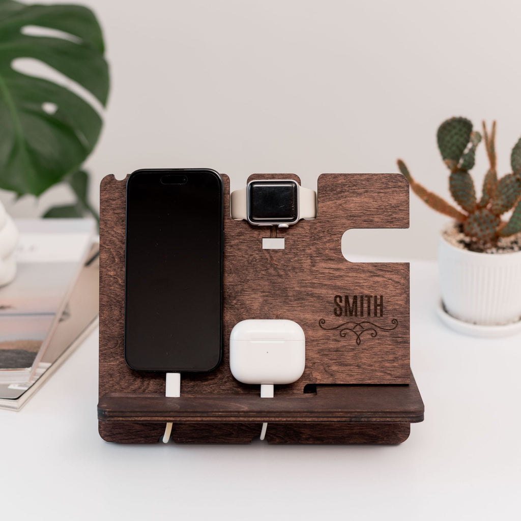 Wooden Phone Docking Station - Personalized Organizer for Men