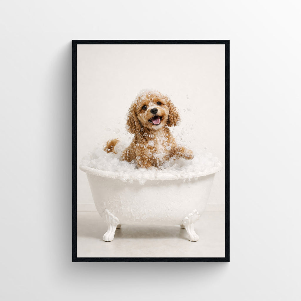 A photorealistic Cavapoo dog sitting in a white clawfoot bathtub, featured as quirky bathroom wall art.