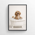 A photorealistic Cavapoo dog sitting in a white clawfoot bathtub, featured as quirky bathroom wall art.