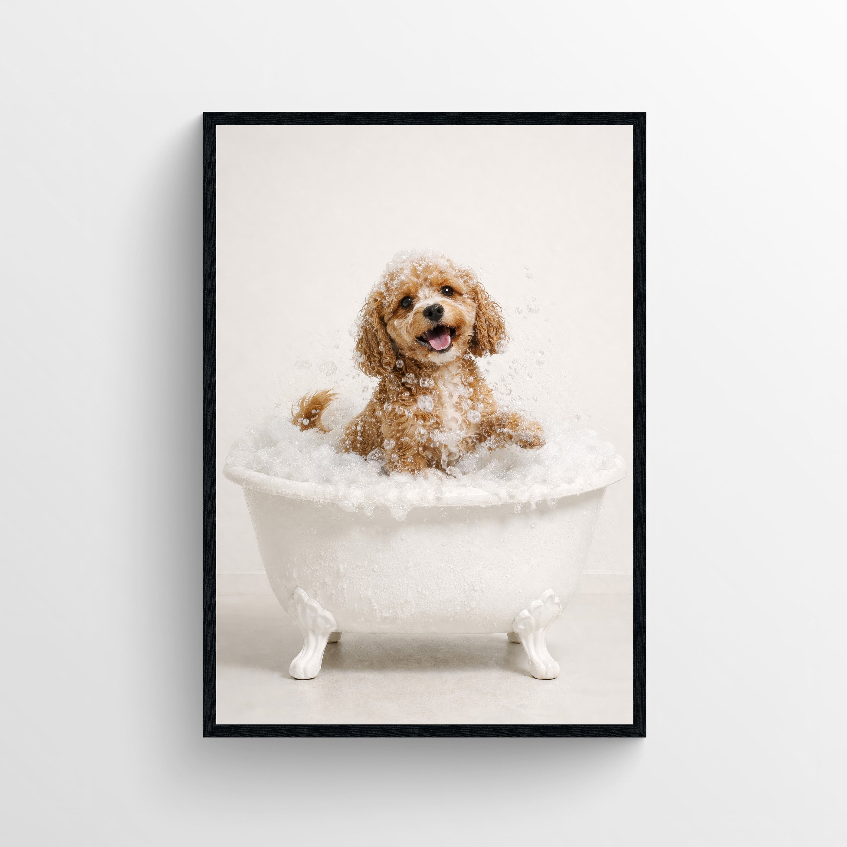 A photorealistic Cavapoo dog sitting in a white clawfoot bathtub, featured as quirky bathroom wall art.