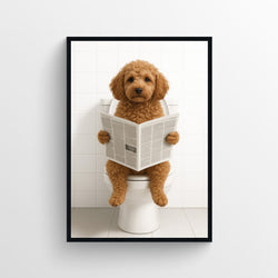 Photorealistic Cavapoo dog sitting on a toilet reading a newspaper against a clean background