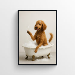 A photorealistic image of a poodle sitting in a white clawfoot bathtub as unique bathroom wall art.