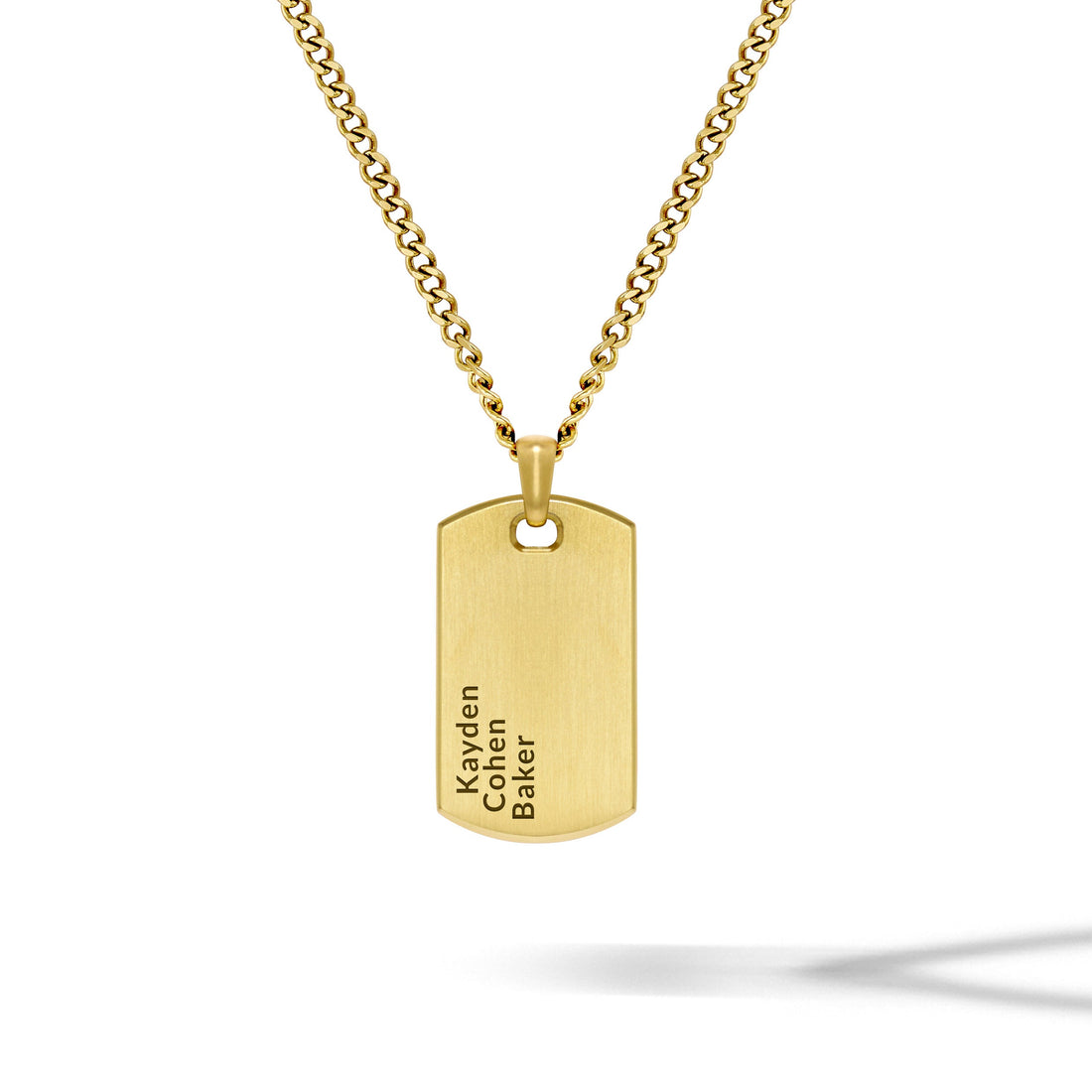 Close-up of a sleek 14K Gold Beveled Tag Pendant against a neutral background.