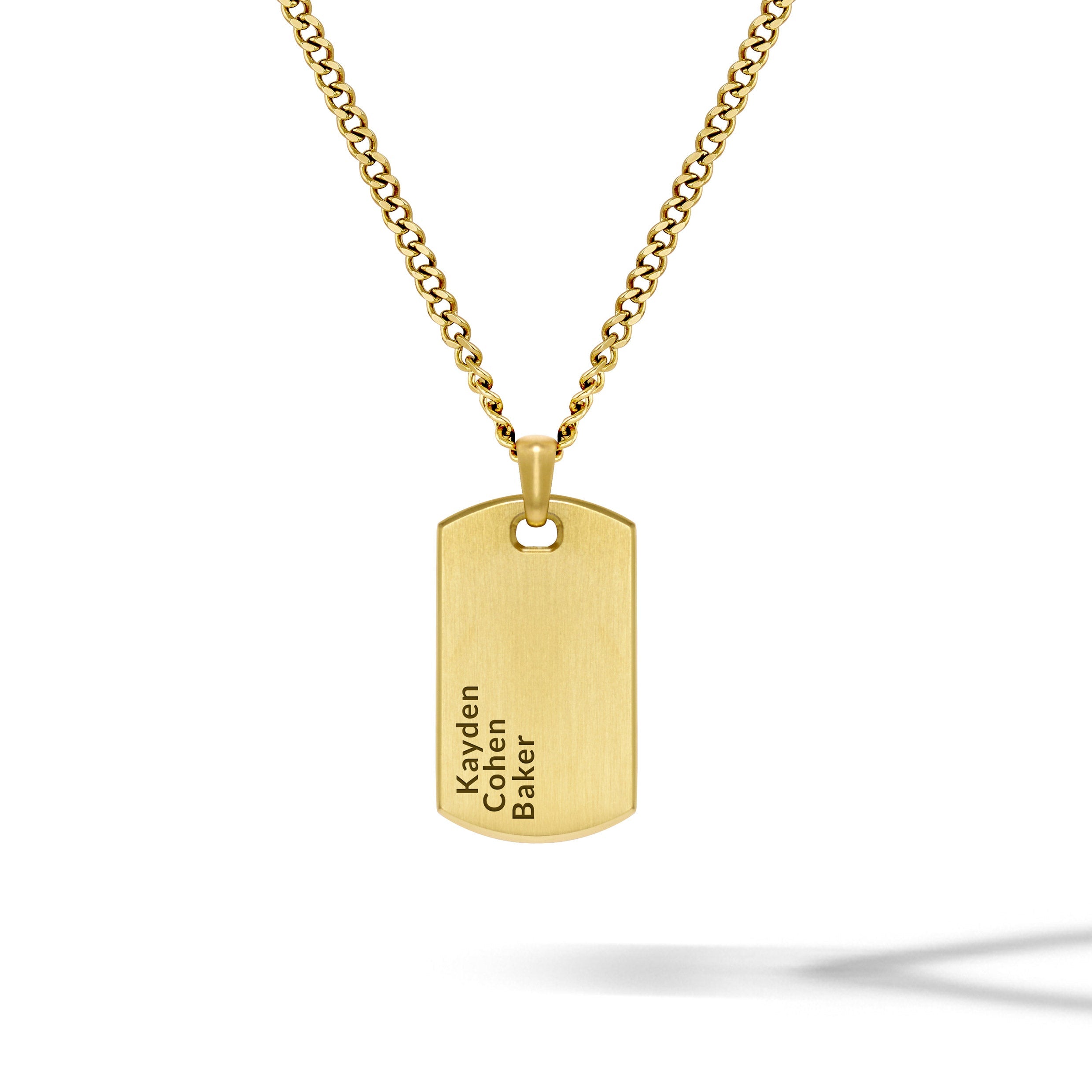 Close-up of a sleek 14K Gold Beveled Tag Pendant against a neutral background.