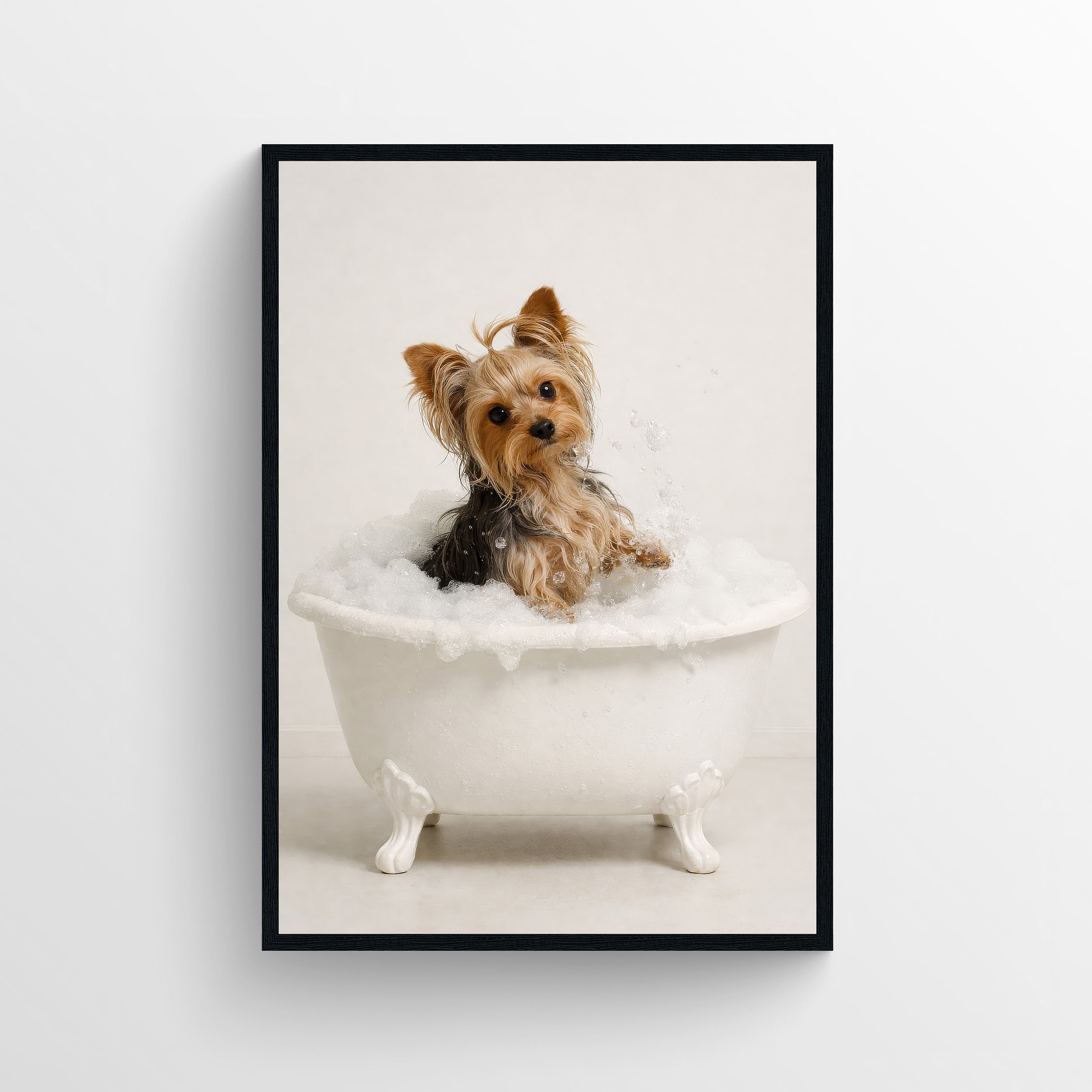 A photorealistic print of a Yorkshire Terrier sitting in a white clawfoot bathtub.