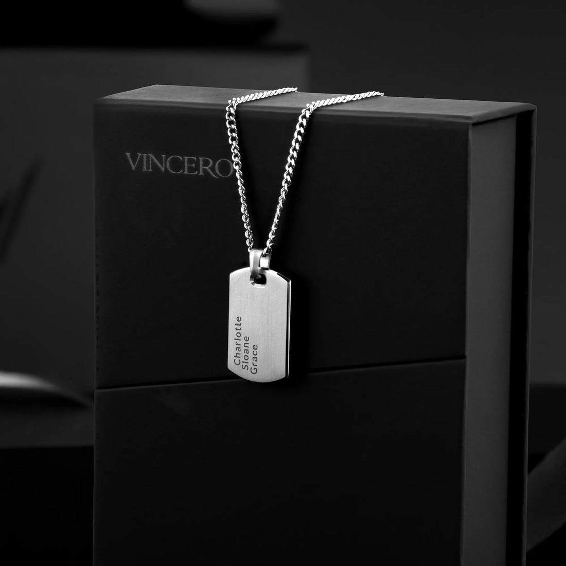 Customizable Beveled Tag Pendant Necklace in Sterling Silver