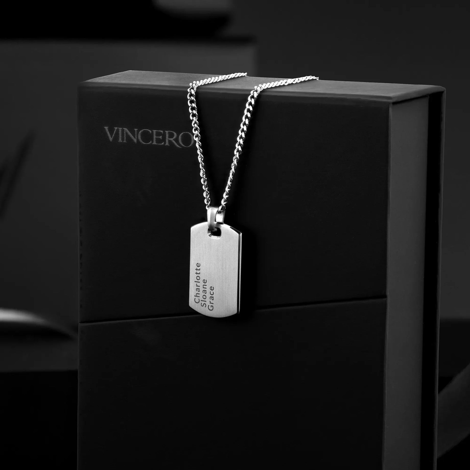 Customizable Beveled Tag Pendant Necklace in Sterling Silver