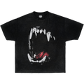 A black short-sleeve boxy streetwear t-shirt featuring a large graphic print of a dog's teeth on the chest, isolated on a white background.