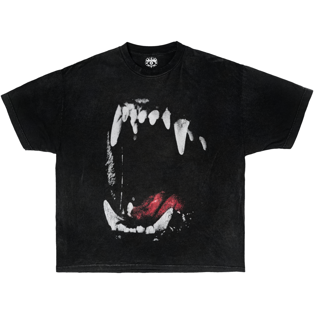 A black short-sleeve boxy streetwear t-shirt featuring a large graphic print of a dog's teeth on the chest, isolated on a white background.