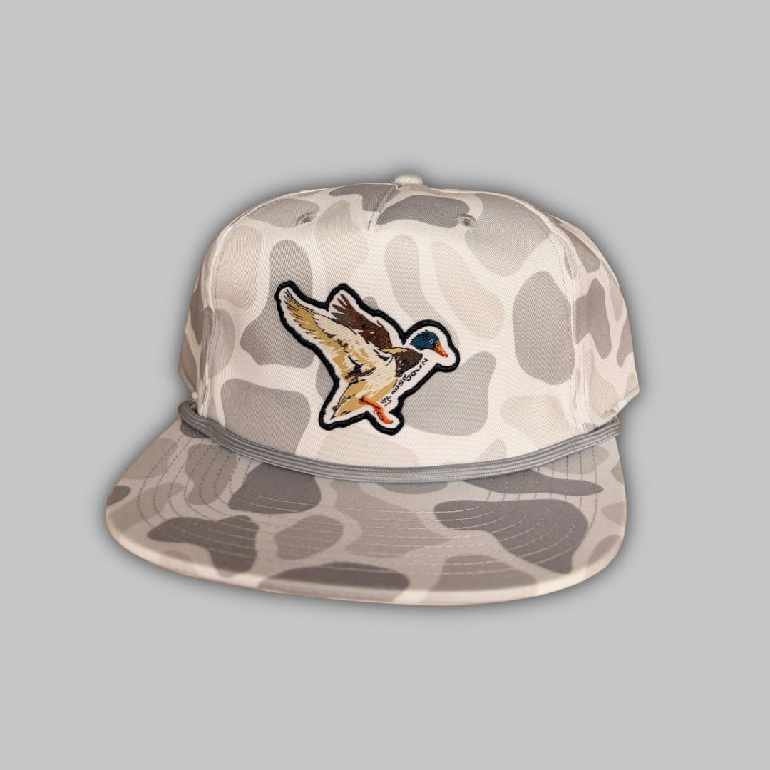 Landing Mallard camo rope hat in beige, brown, and grey colorways.