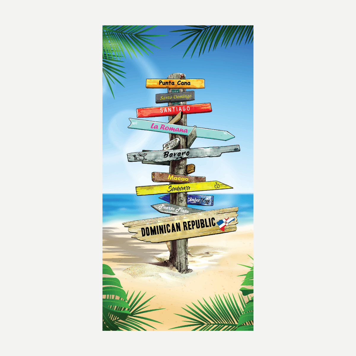 A soft cotton beach towel featuring a wooden signpost with Dominican Republic destination signs against a beach background.