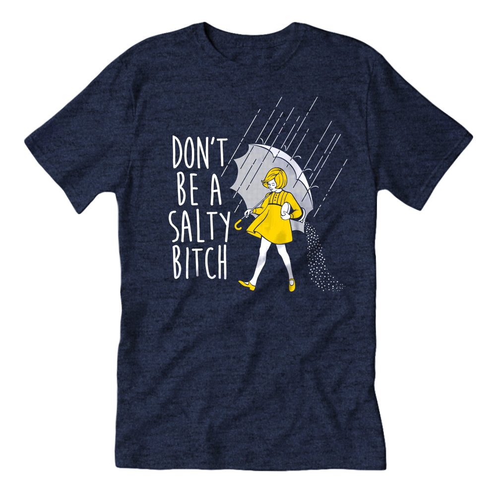 Unisex heathered navy cotton graphic t-shirt with yellow and white text reading Don't Be a Salty Bitch