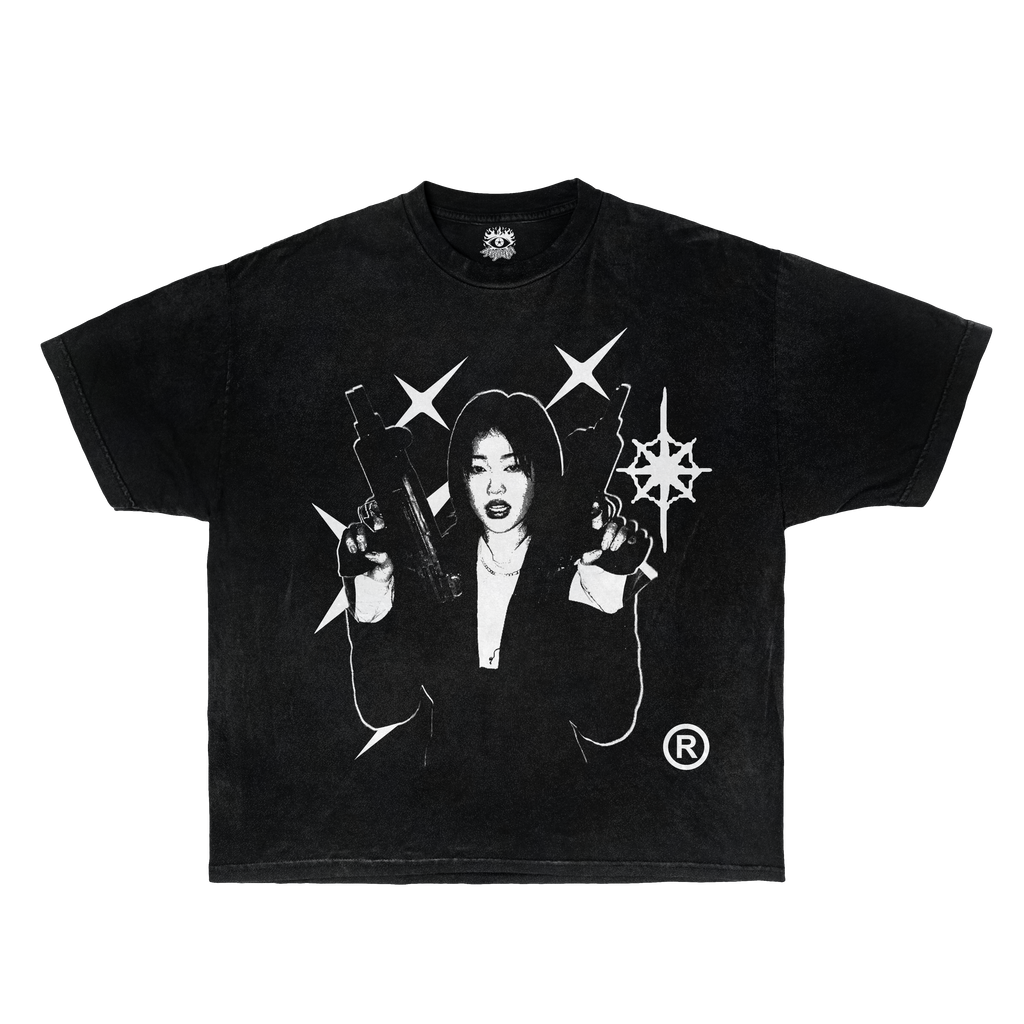 A black short-sleeve streetwear t-shirt featuring a front graphic print of a person holding two uzis with star motifs.