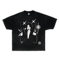 A black short-sleeve streetwear t-shirt featuring a front graphic print of a person holding two uzis with star motifs.