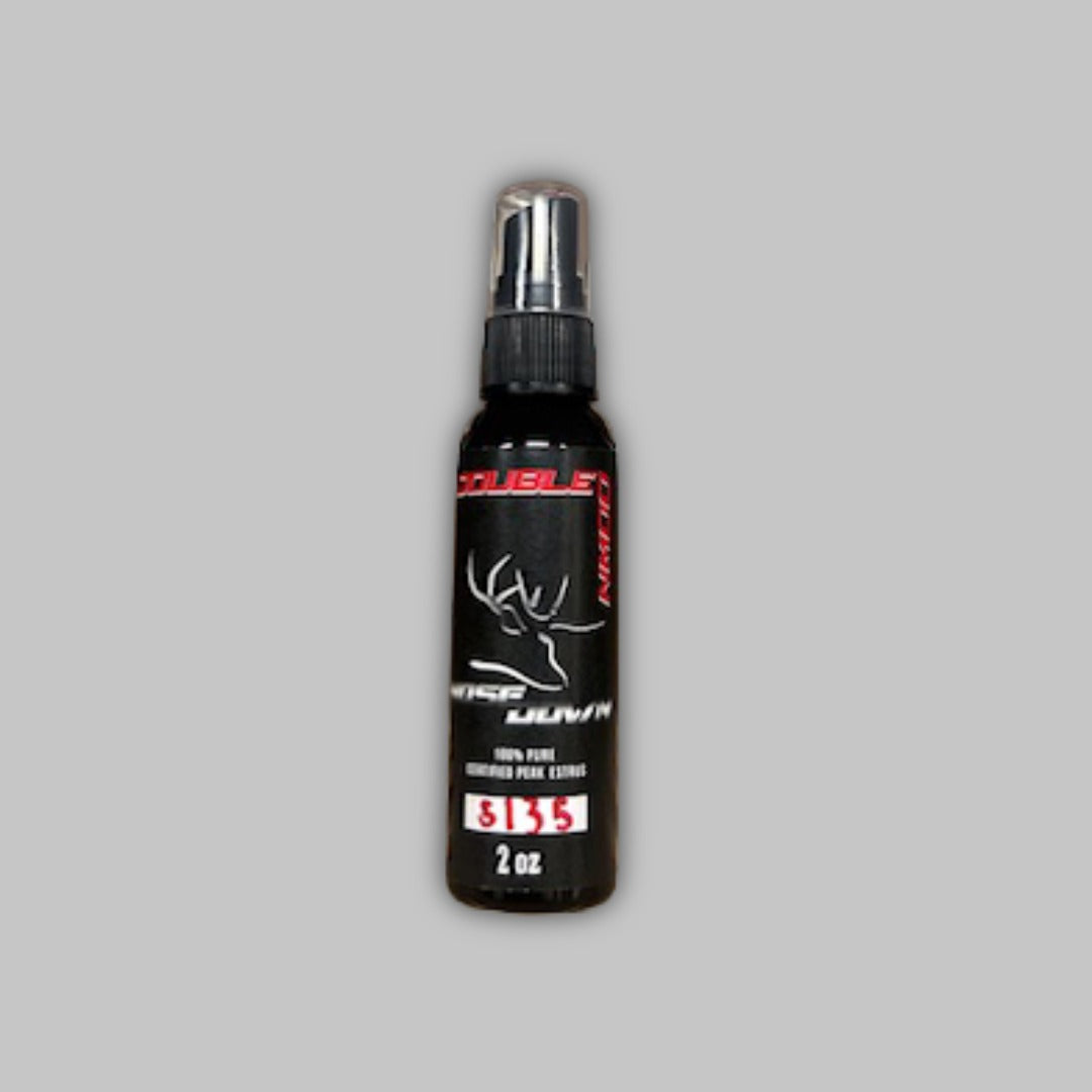 2 oz bottle of Double Down Certified Peak Estrus in black packaging with white and red text.