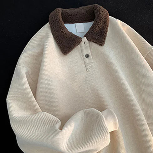 Women's Corduroy Pullover Sweater with Sherpa Collar Apricot