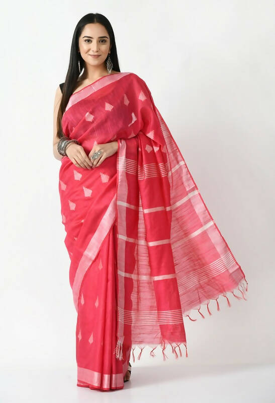 Rose Pink Handloom Silk Saree with all-over buti detail and unstitched blouse piece.