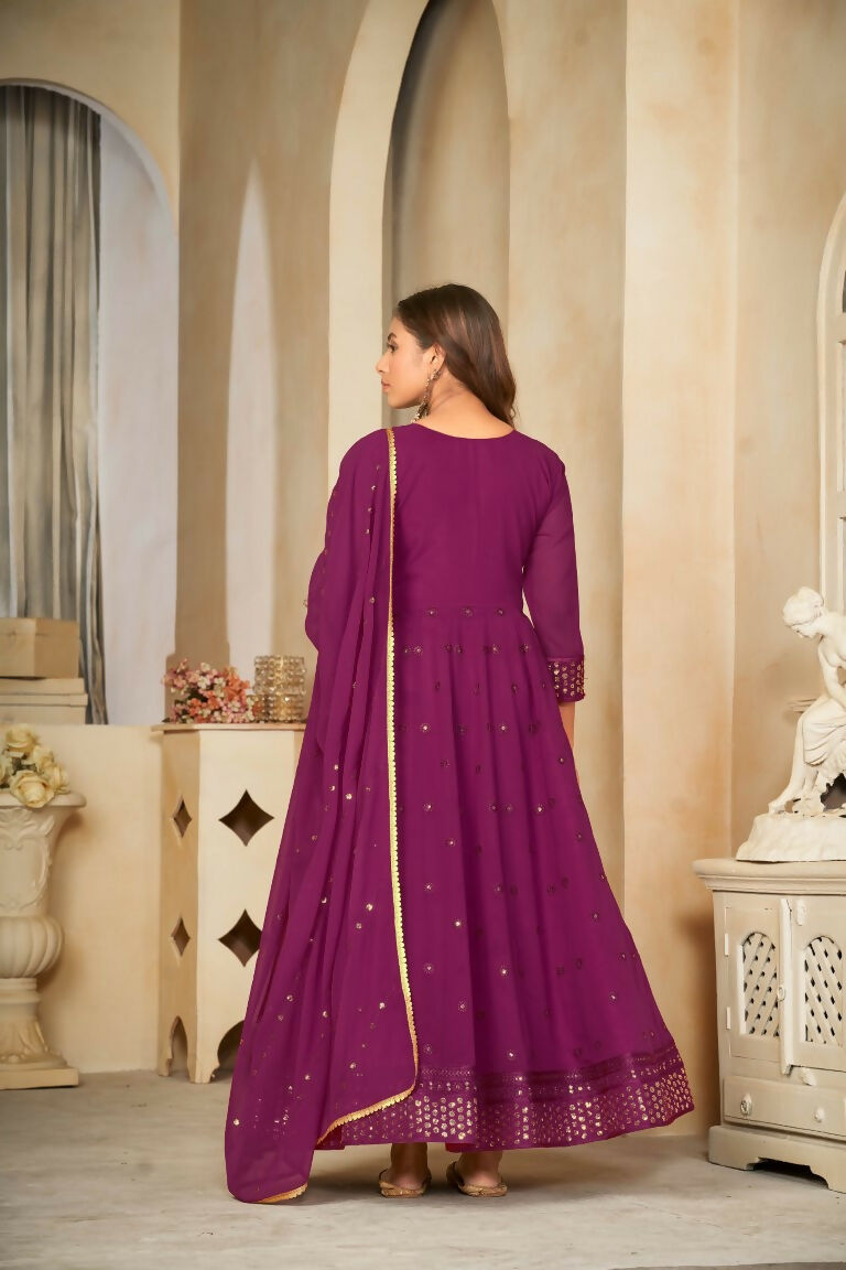 Wine Georgette Embroidered Anarkali Kurta Pant Set with Dupatta