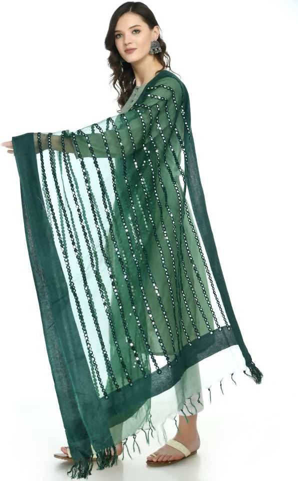 Bottle Green Organza Mirror Stripe Dupatta for Festive Looks