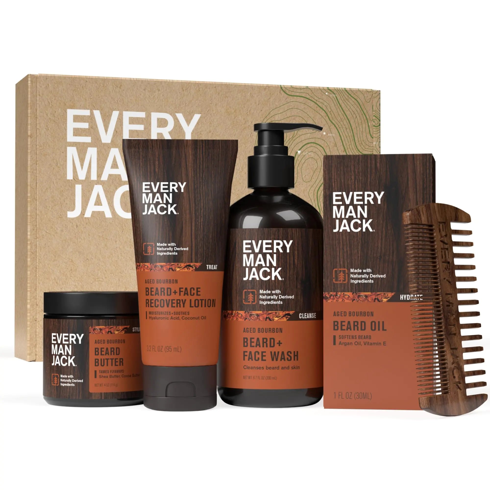 Every Man Jack Mens Aged Bourbon Beard Set - Five Full-Sized Grooming Essentials For a Complete Routine - Beard + Face Wash Beard + Face Lotion Hydrating Beard Oil Beard Butter and Beard Comb