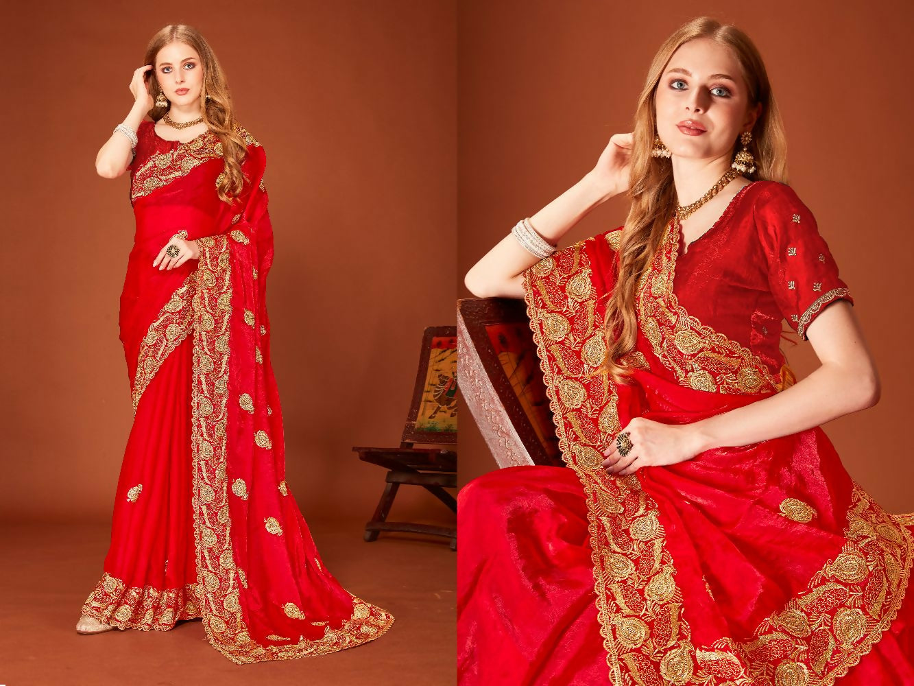 Red Fendi two tone silk saree with heavy zari embroidery and zircon work detailing.