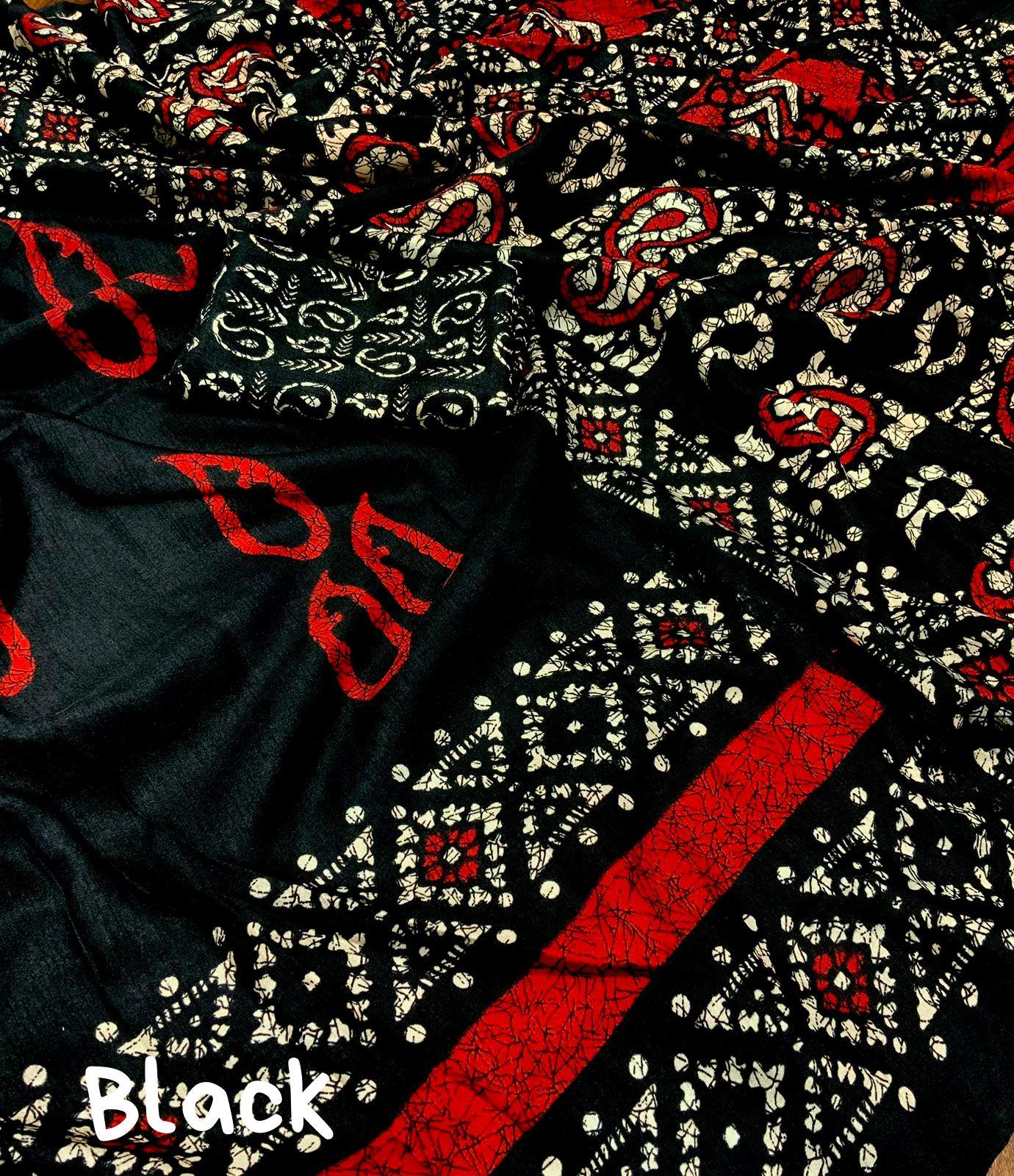 Black Silk Blend Saree with Batik Print and Matching Blouse