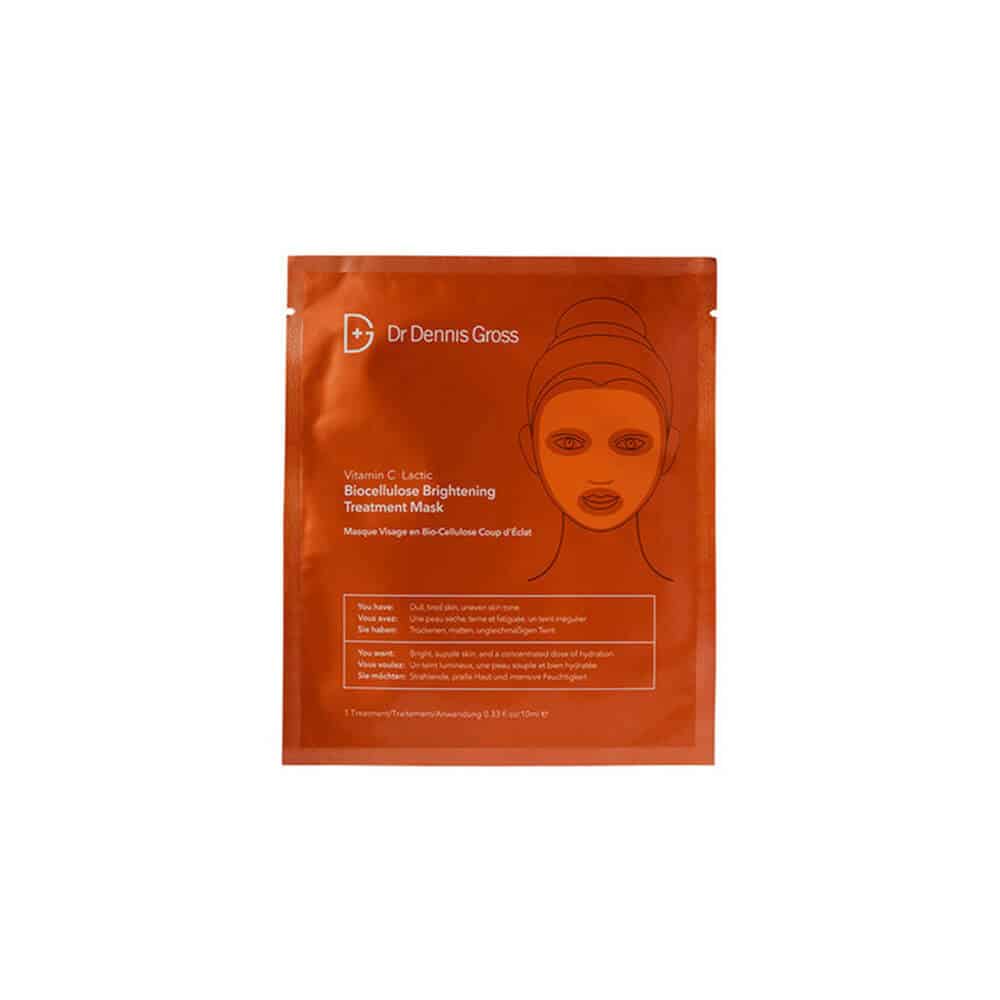 Four-pack of Dr. Dennis Gross Vitamin C Lactic Biocellulose Brightening Treatment face masks in orange packaging