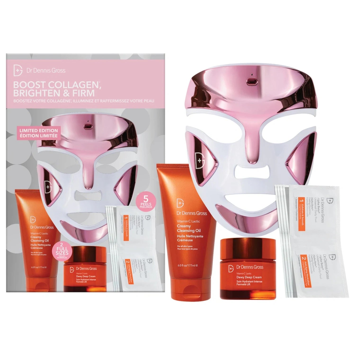 Dr. Dennis Gross Skincare LED gift set including pink LED FaceWare device and skincare products.