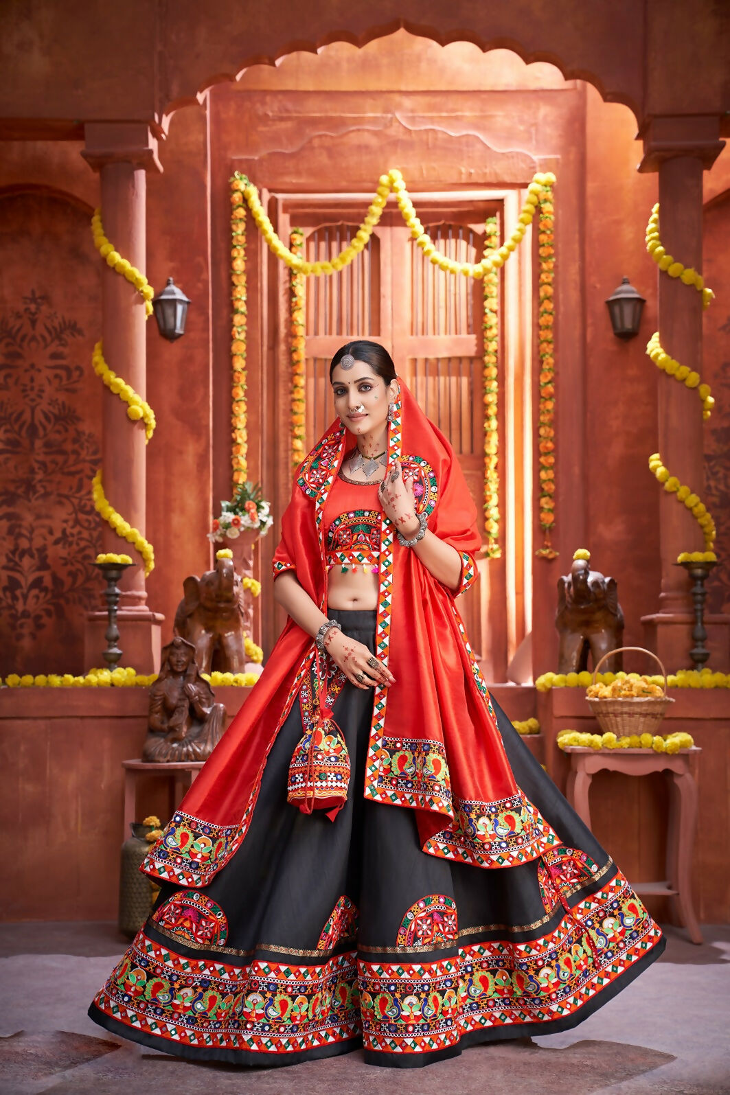 Black Art Silk Navratri Lehenga Choli with Red Blouse and Dupatta