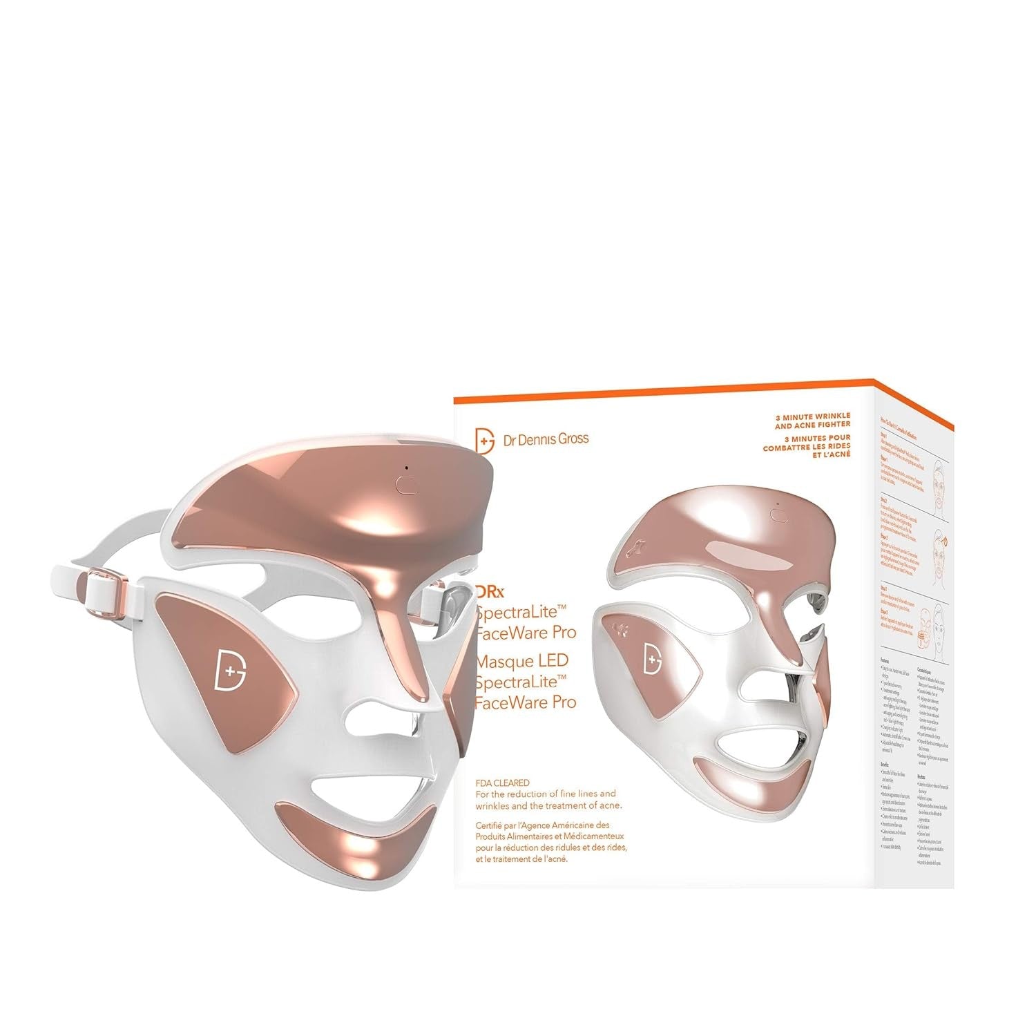 Dr Dennis Gross DRx SpectraLite FaceWare Pro LED Mask in sleek white and rose-gold.