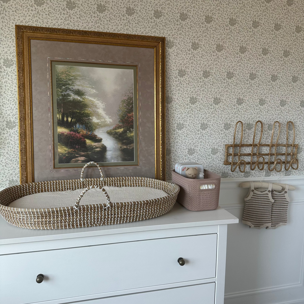 Layla floral wallpaper in sage-green and off-white with traditional cottagecore design
