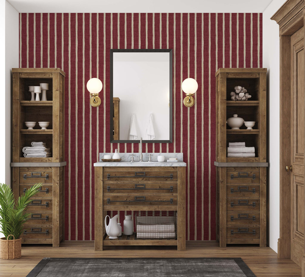 Drew Striped Wallpaper in Dark Teal, Deep Red & Off-White