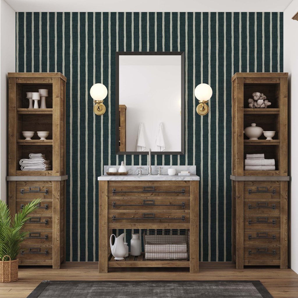 Drew Striped Wallpaper in Dark Teal, Deep Red & Off-White