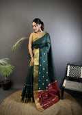 Teal Bhagalpuri cotton silk saree featuring striped and box patterns