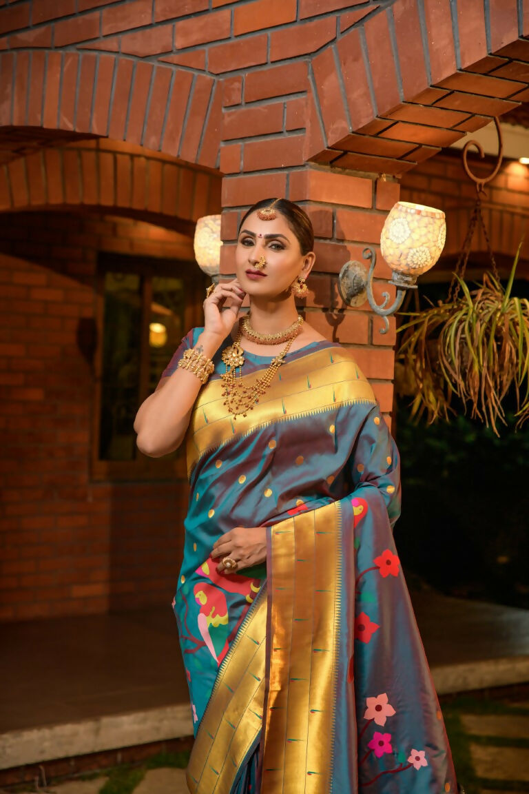 Teal Paithani Silk Saree with Zari Woven Border and Blouse